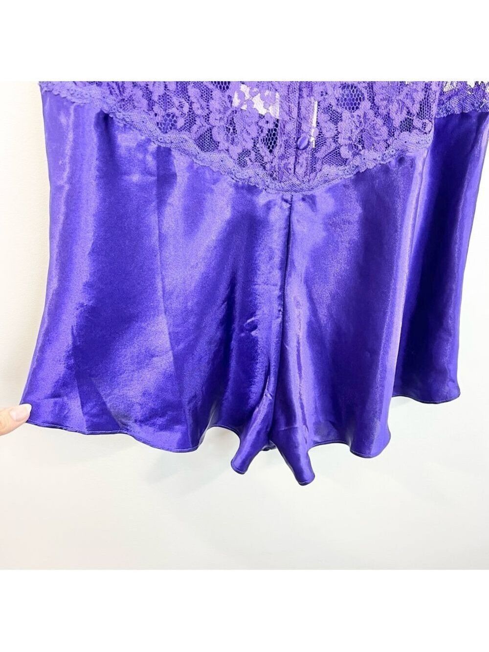 Vintage 80s 90s purple satin sheer lace bodice romper teddy negligee lingerie L - Picture 9 of 15
